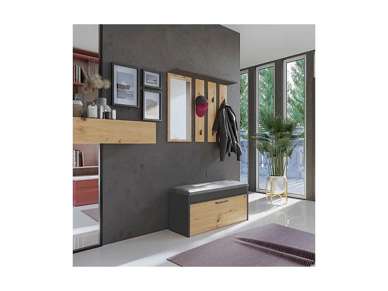 Garderoba Parma |  Antracyt/ Dąb Artisan | 100x35x180 cm | Wieszak z lustrem + Szafka