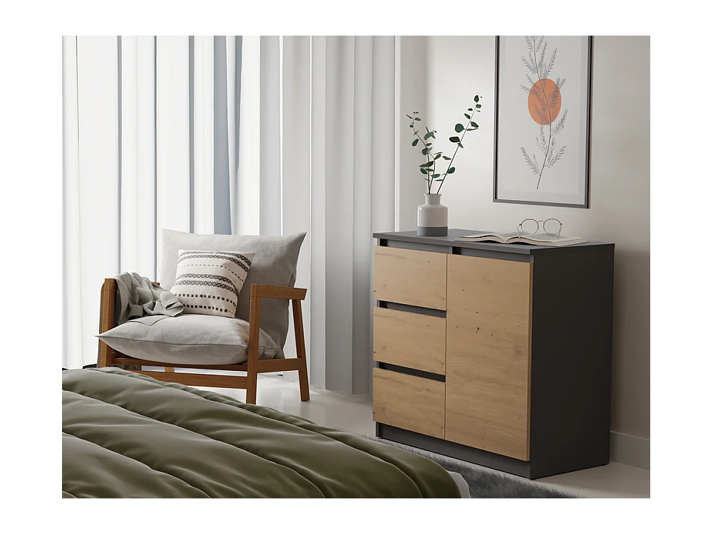 Komoda Malwa 1D3S | Antracyt/Dąb Artisan | 80x40x75 cm | 3 Szuflady, 1 Drzwi