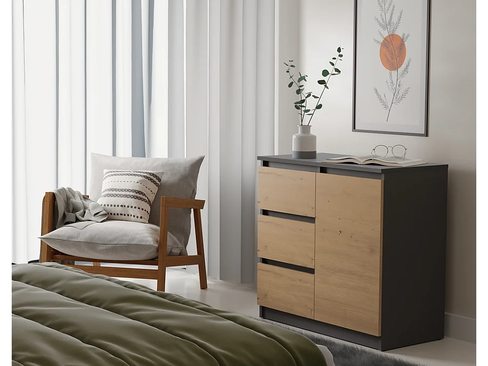 Komoda Malwa 1D3S | Antracyt/Dąb Artisan | 80x40x75 cm | 3 Szuflady, 1 Drzwi