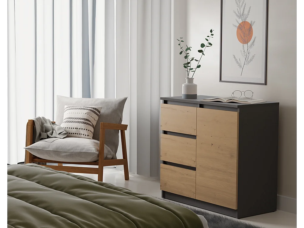 Komoda Malwa 1D3S | Antracyt/Dąb Artisan | 80x40x75 cm | 3 Szuflady, 1 Drzwi