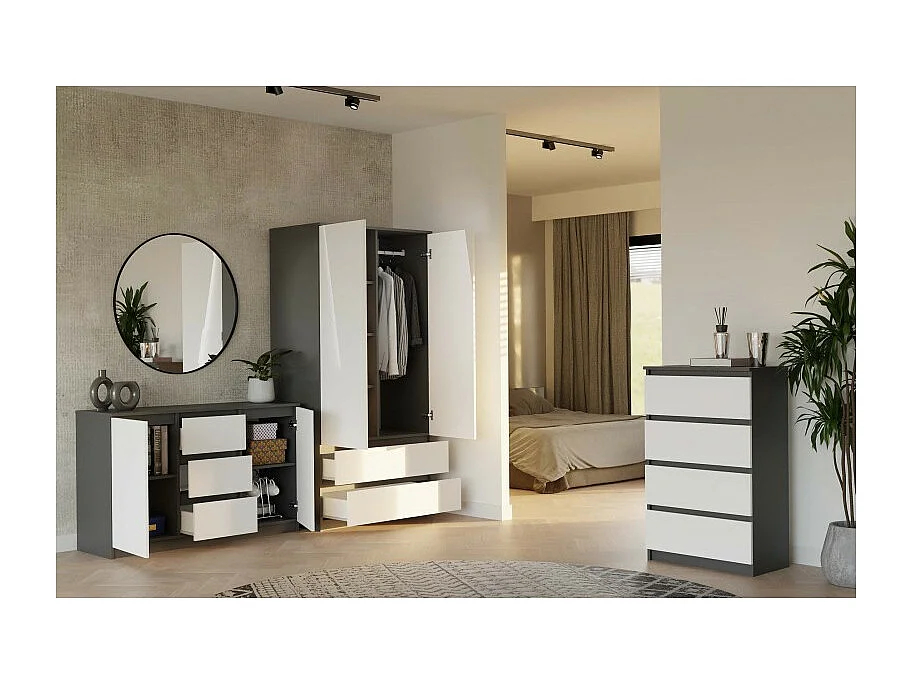 CAZAR - Comò a 2 ante + 3 cassetti - Dimensioni: 75x120x40 - Credenza - Antracite e bianco