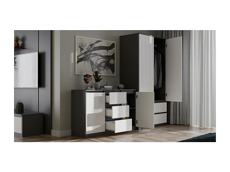 CAZAR - Comò a 2 ante + 3 cassetti - Dimensioni: 75x120x40 - Credenza - Antracite e bianco