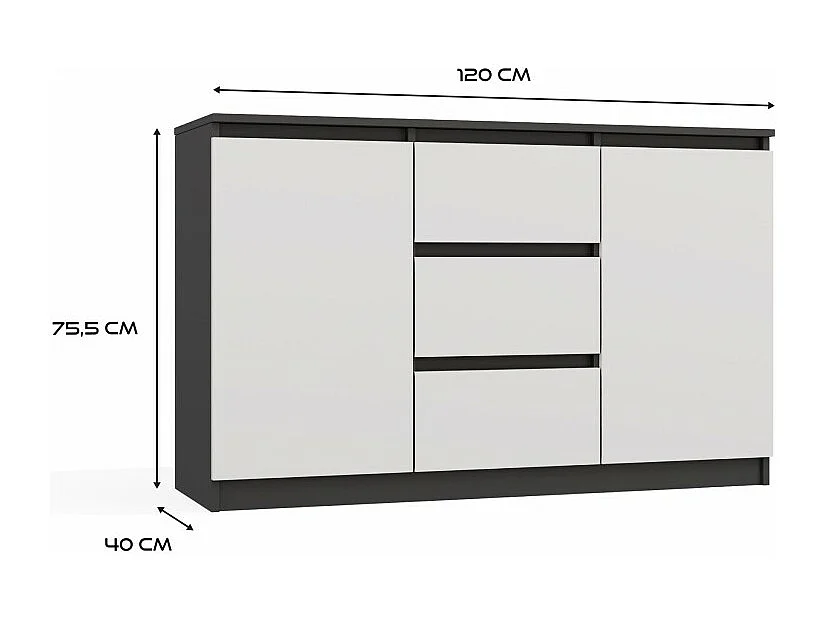 CAZAR - Comò a 2 ante + 3 cassetti - Dimensioni: 75x120x40 - Credenza - Antracite e bianco