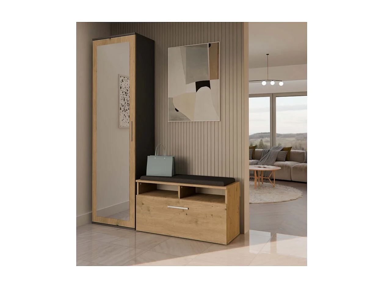Szafa Duo |  Antracyt/Artisan |  Nowoczesna Szafa z lustrem | 50x35x180 cm | Przedpokój