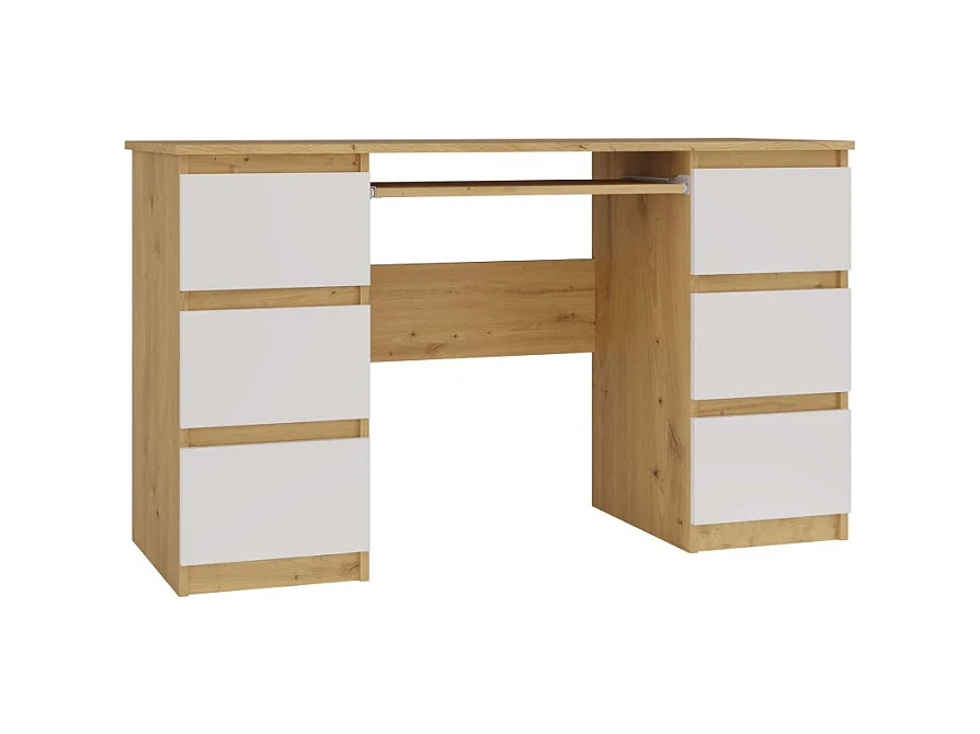KUBA – Schreibtisch mit 6 Schubladen + Tastaturablage – weiß und Eiche Artisan