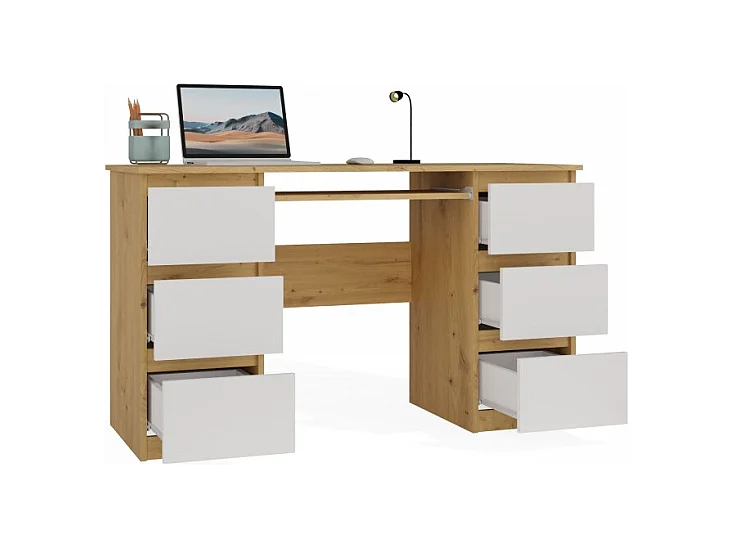 KUBA – Schreibtisch mit 6 Schubladen + Tastaturablage – weiß und Eiche Artisan