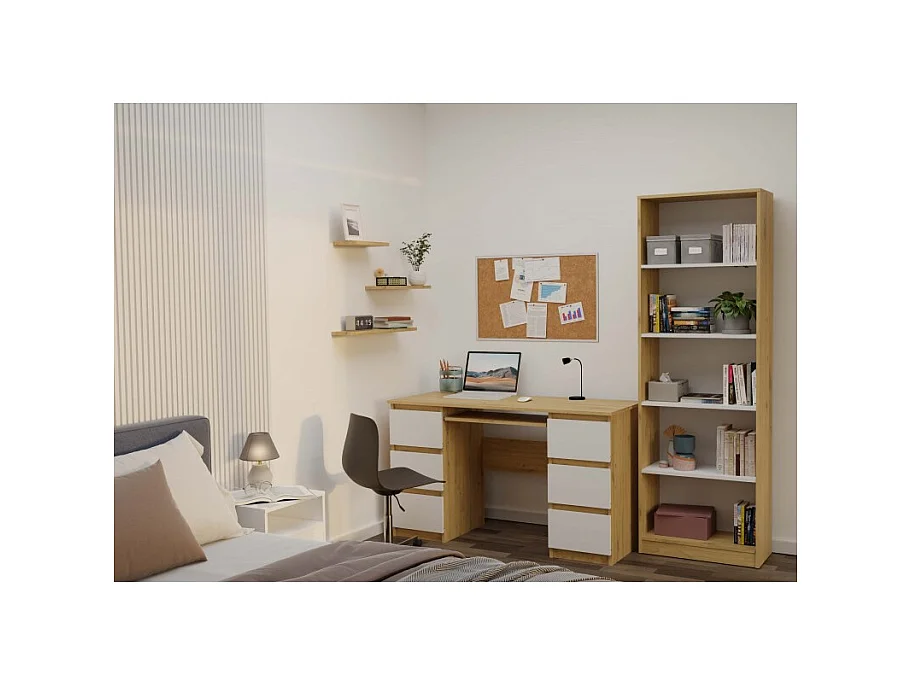 KUBA – Schreibtisch mit 6 Schubladen + Tastaturablage – weiß und Eiche Artisan