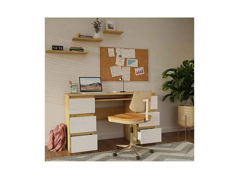 KUBA – Schreibtisch mit 6 Schubladen + Tastaturablage – weiß und Eiche Artisan