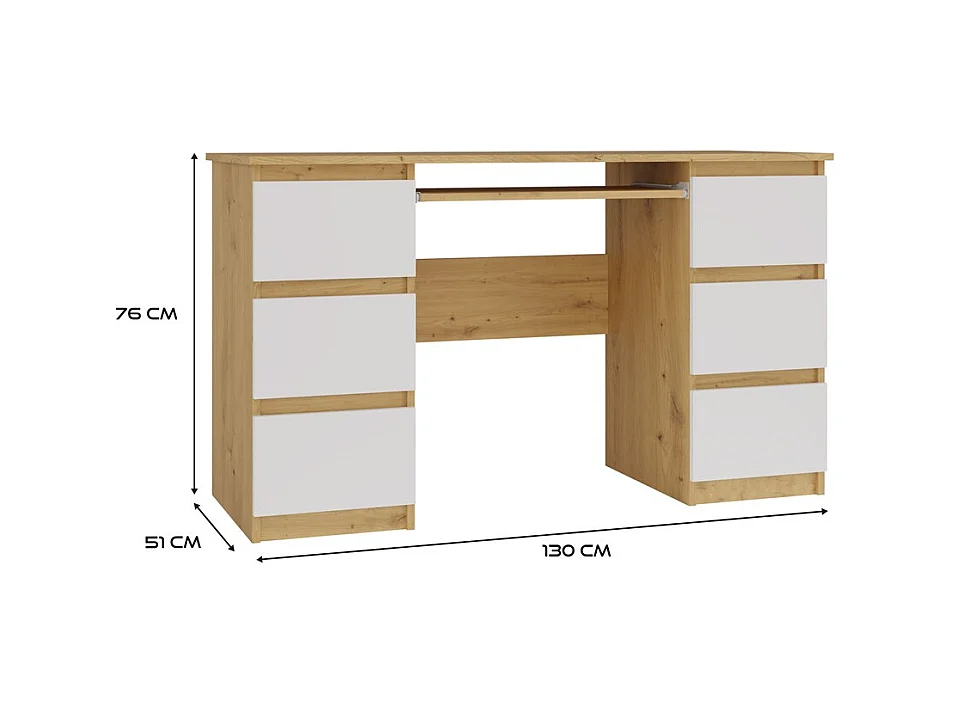 KUBA – Schreibtisch mit 6 Schubladen + Tastaturablage – weiß und Eiche Artisan