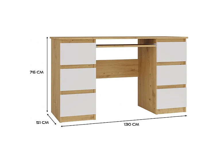 KUBA – Schreibtisch mit 6 Schubladen + Tastaturablage – weiß und Eiche Artisan