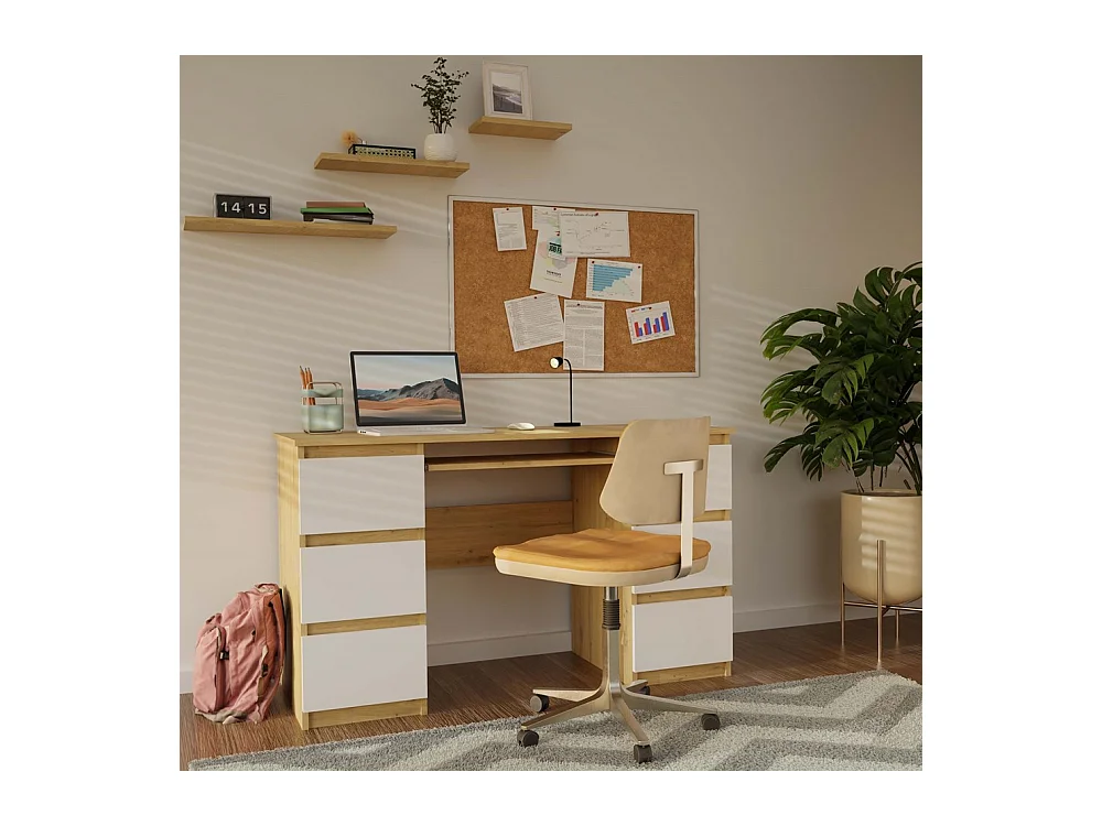 KUBA – Schreibtisch mit 6 Schubladen + Tastaturablage – weiß und Eiche Artisan