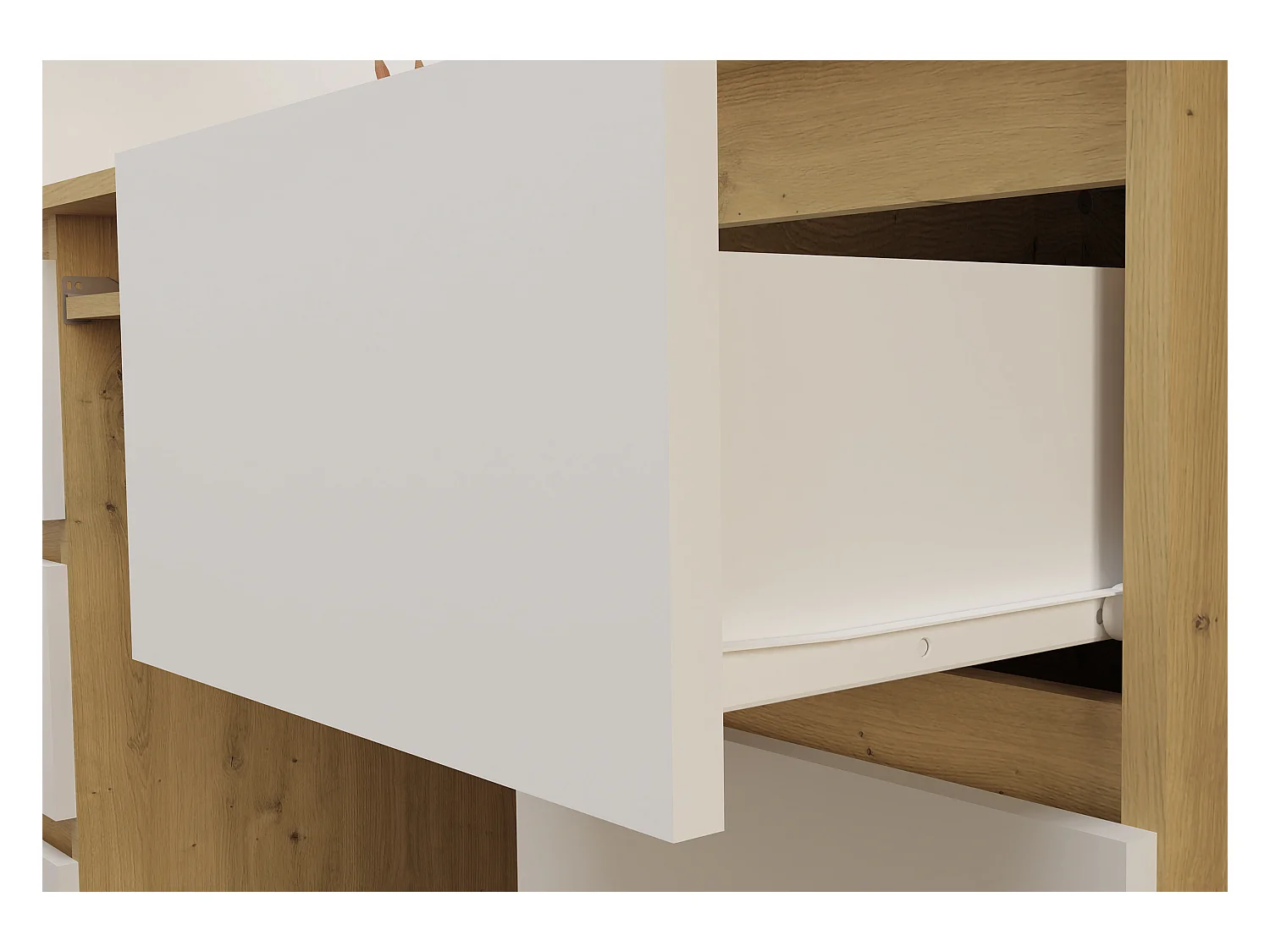 KUBA – Schreibtisch mit 6 Schubladen + Tastaturablage – weiß und Eiche Artisan