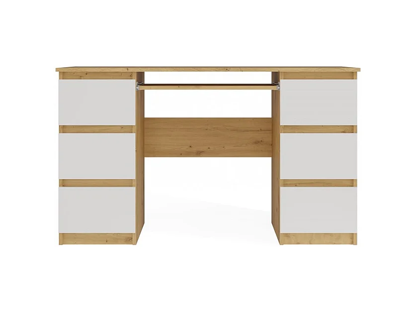 KUBA – Schreibtisch mit 6 Schubladen + Tastaturablage – weiß und Eiche Artisan