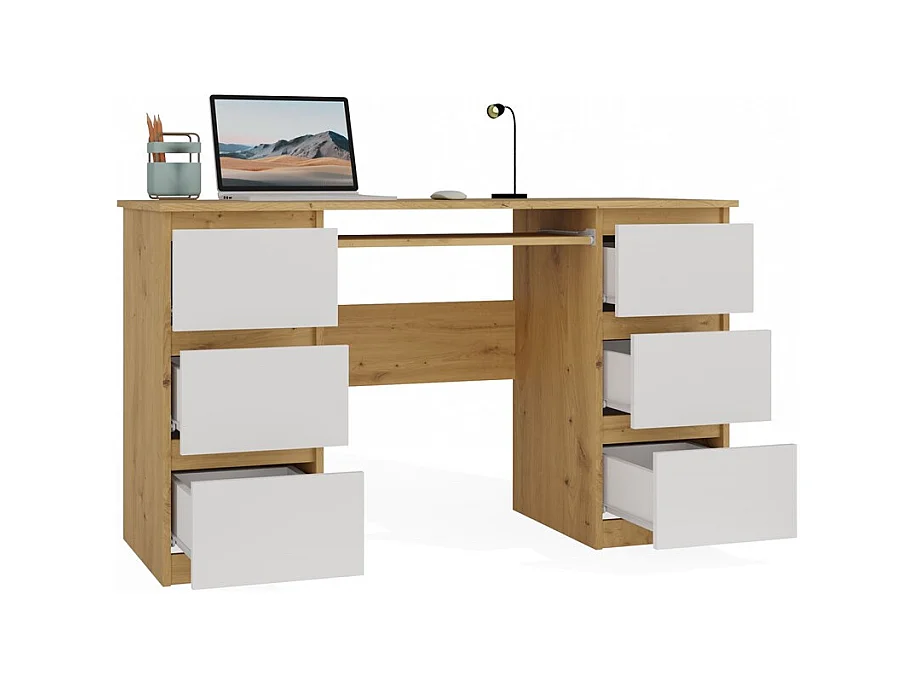 KUBA – Schreibtisch mit 6 Schubladen + Tastaturablage – weiß und Eiche Artisan