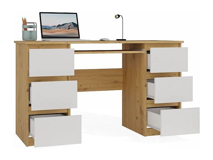 KUBA – Schreibtisch mit 6 Schubladen + Tastaturablage – weiß und Eiche Artisan