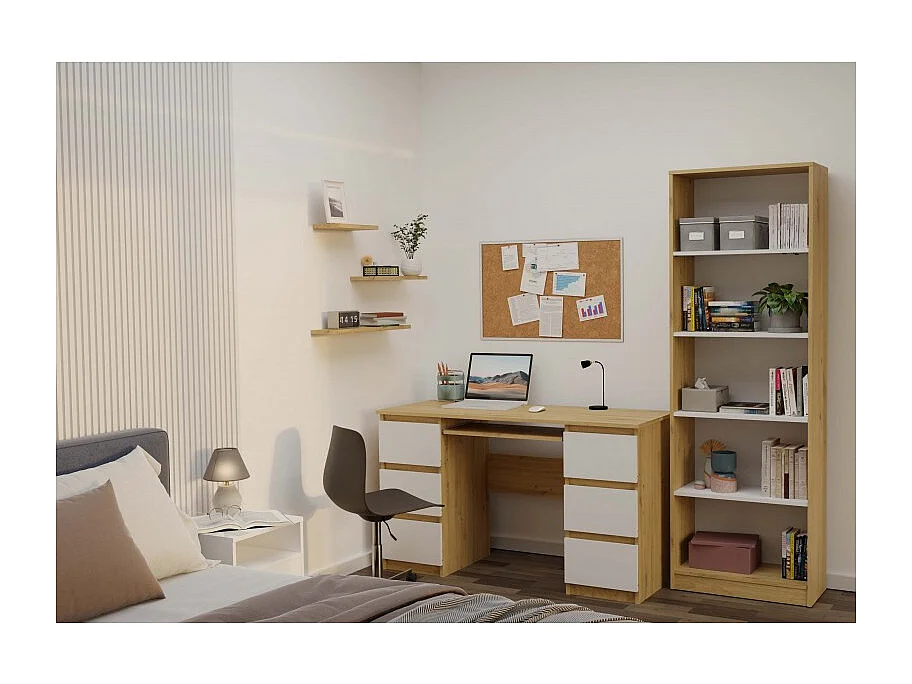 KUBA – Schreibtisch mit 6 Schubladen + Tastaturablage – weiß und Eiche Artisan