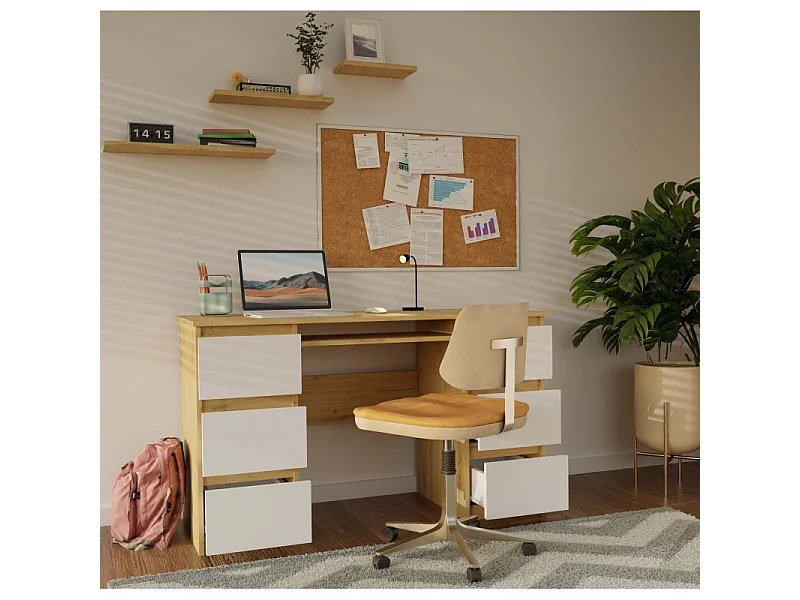 KUBA – Schreibtisch mit 6 Schubladen + Tastaturablage – weiß und Eiche Artisan