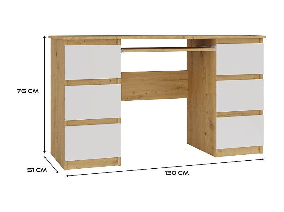 KUBA – Schreibtisch mit 6 Schubladen + Tastaturablage – weiß und Eiche Artisan