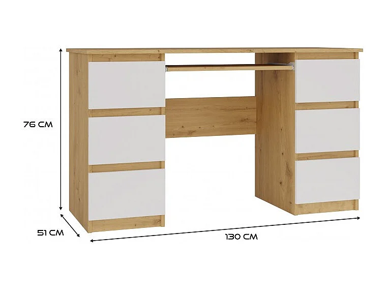KUBA – Schreibtisch mit 6 Schubladen + Tastaturablage – weiß und Eiche Artisan