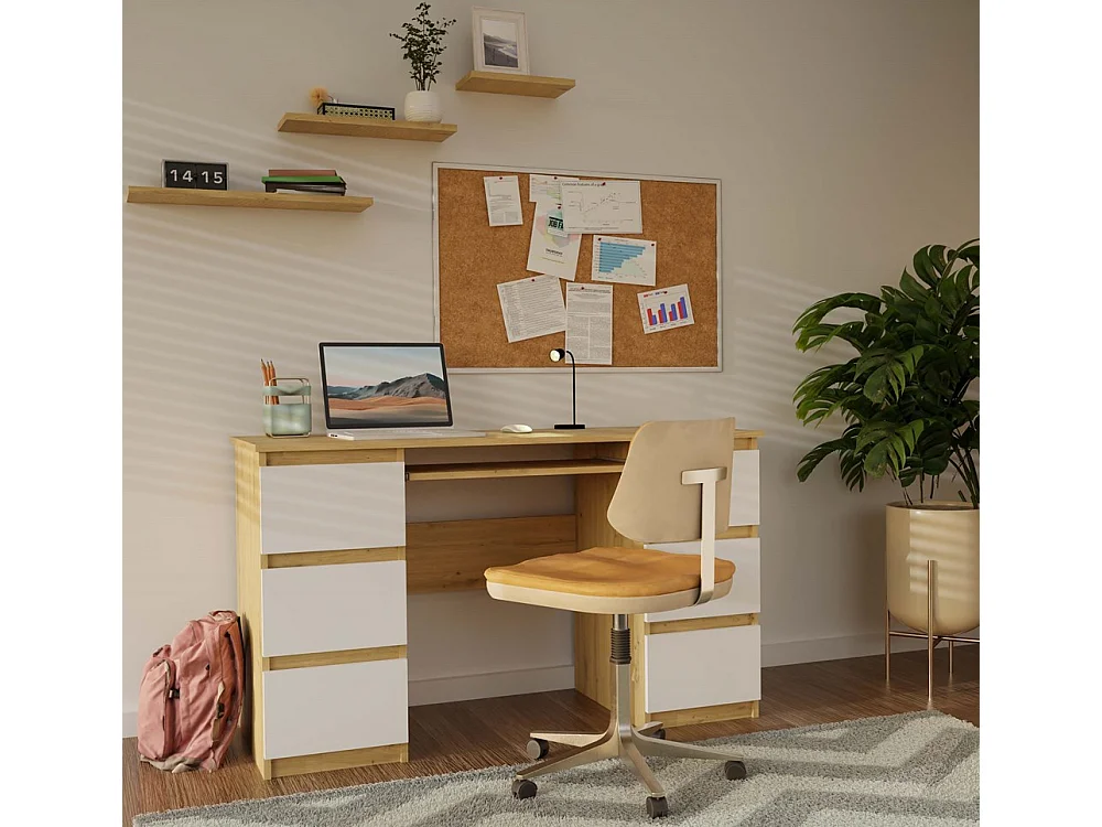 KUBA – Schreibtisch mit 6 Schubladen + Tastaturablage – weiß und Eiche Artisan