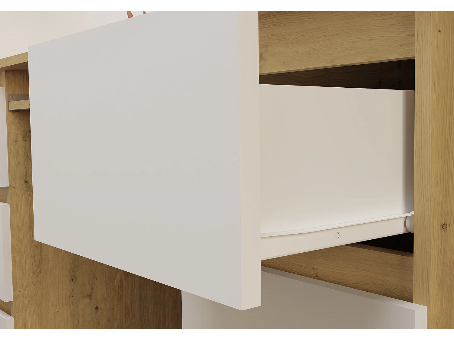 KUBA – Schreibtisch mit 6 Schubladen + Tastaturablage – weiß und Eiche Artisan