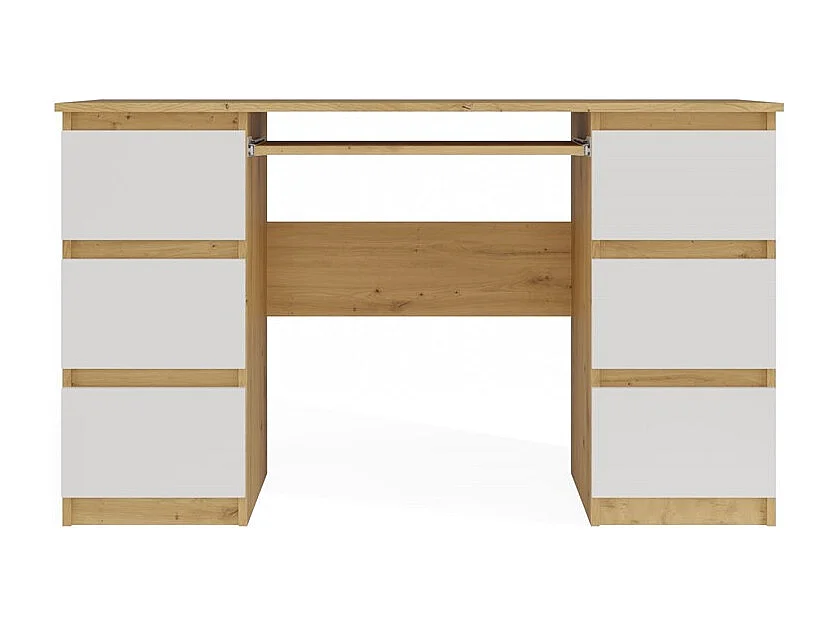 KUBA – Schreibtisch mit 6 Schubladen + Tastaturablage – weiß und Eiche Artisan