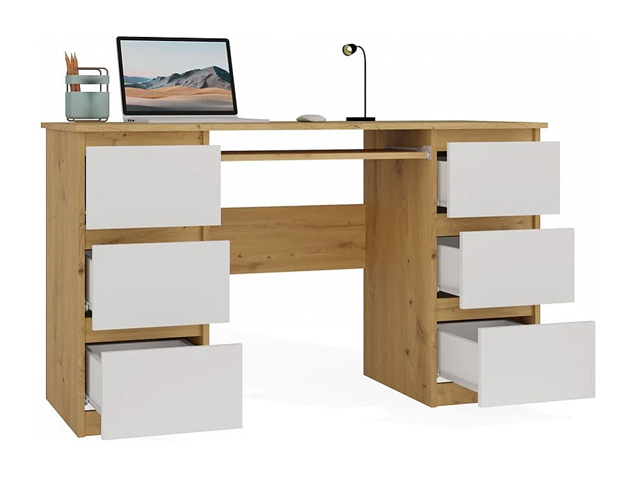 KUBA – Schreibtisch mit 6 Schubladen + Tastaturablage – weiß und Eiche Artisan