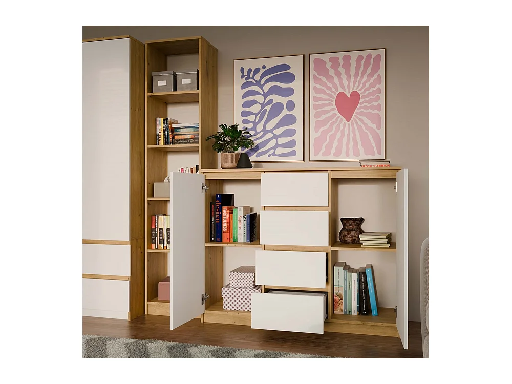 CDF Moderne Kommode 2D4S (2 Türen, 4 Schubladen) | handwerker und weiß | Ideal für Wohnzimmer, Schlafzimmer, Kinderzimmer, Jugendzimmer und Büro | Einlegeböden