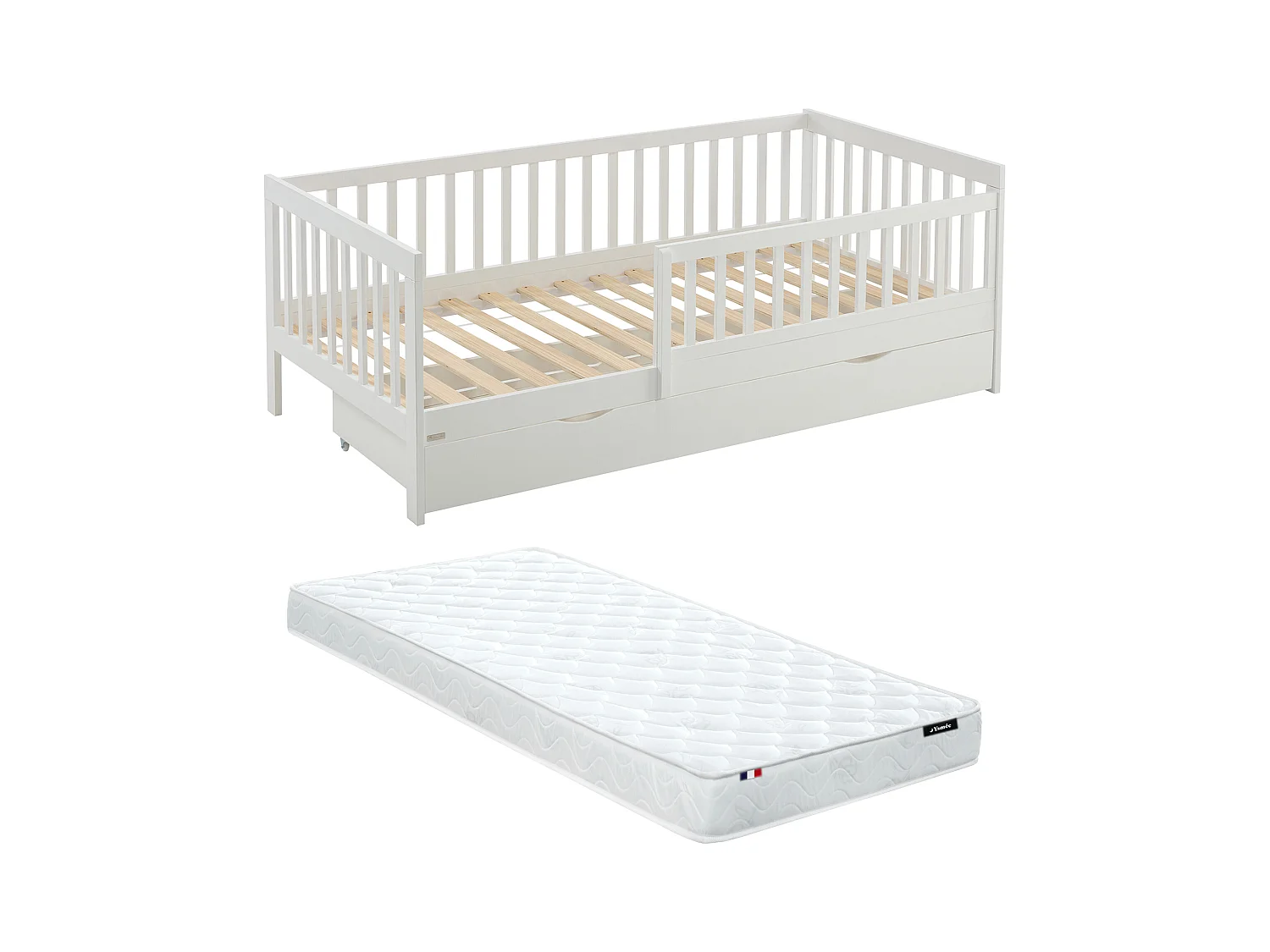 Seng 90 x 190 cm med skuffe - Fyr og MDF - Hvid + Madras - PROVIATI