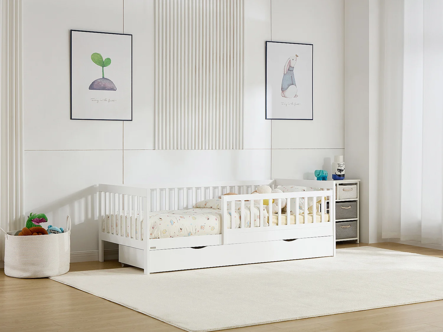 Seng 90 x 190 cm med skuffe - Fyr og MDF - Hvid + Madras - PROVIATI