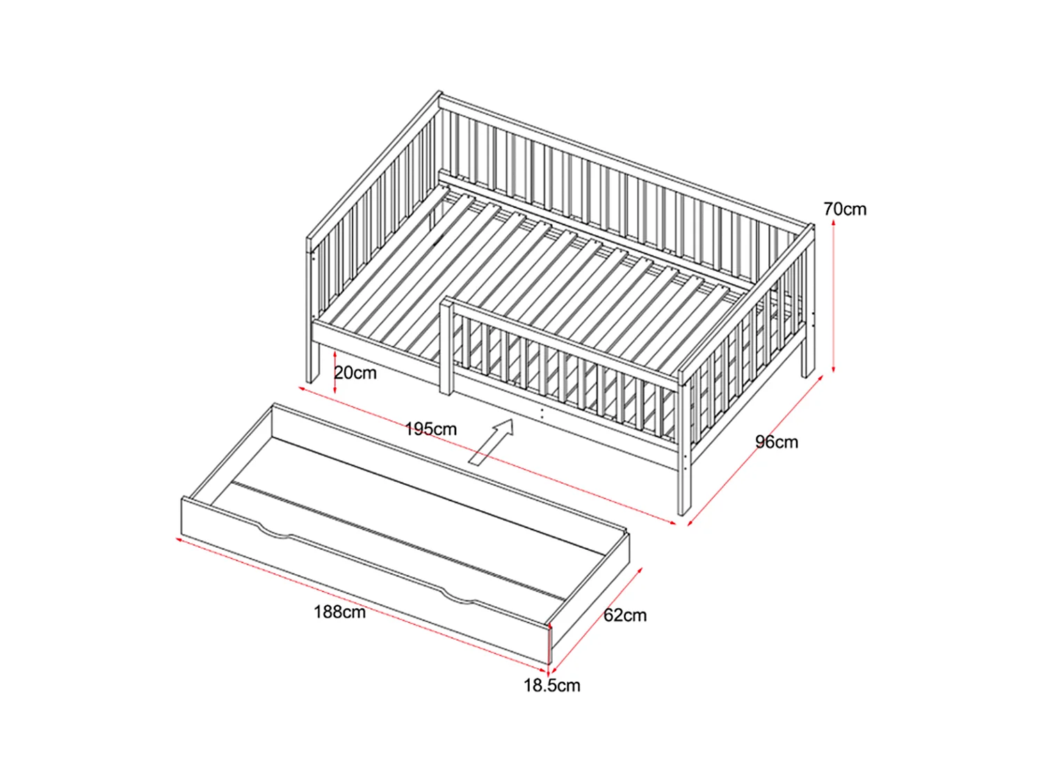 Bed 90 x 190 cm met lade - Grenen en mdf - Wit + matras - PROVIATI