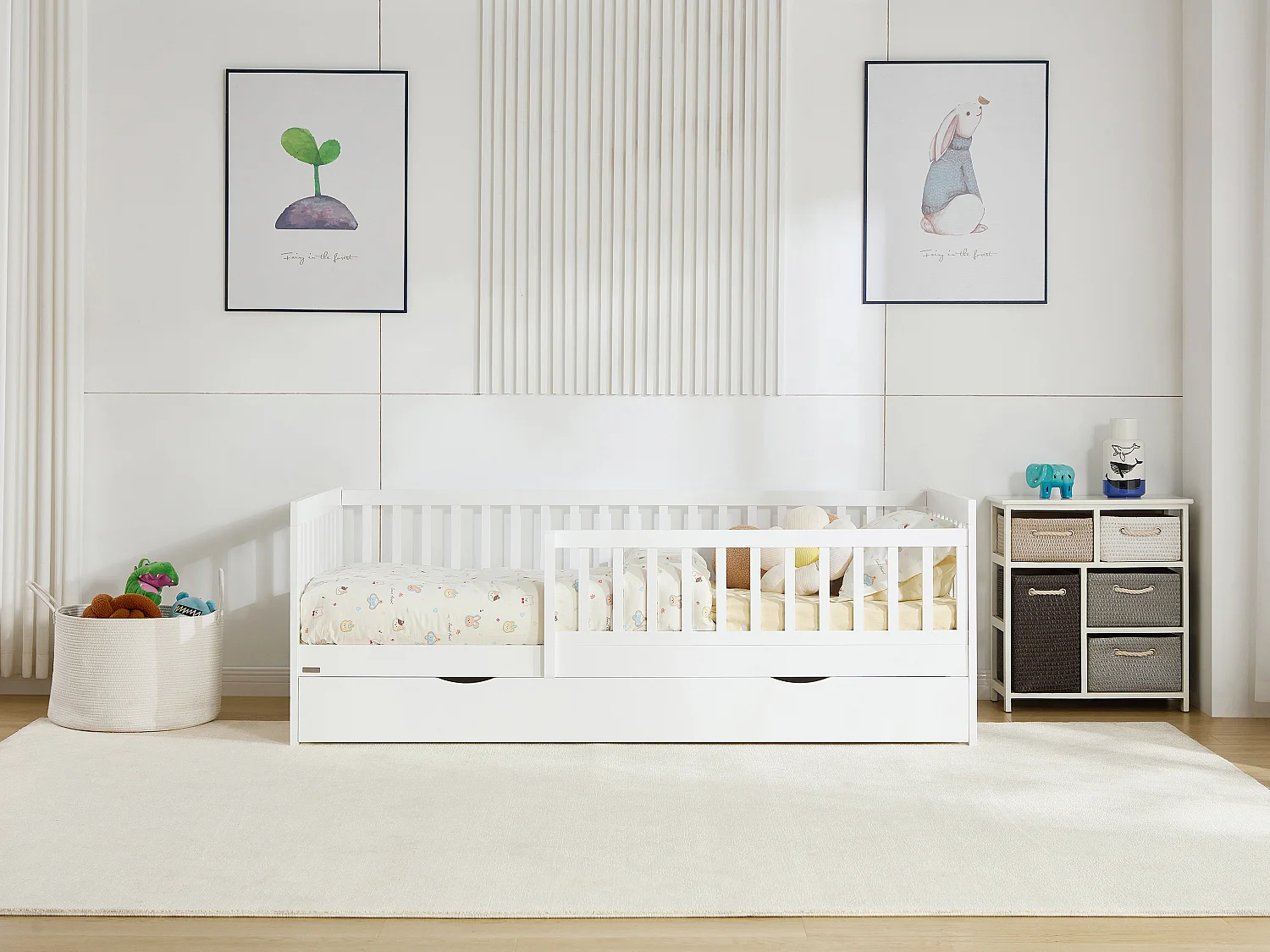 Lit 90 x 190 cm avec tiroir - Pin et MDF - Blanc + Matelas - PROVIATI