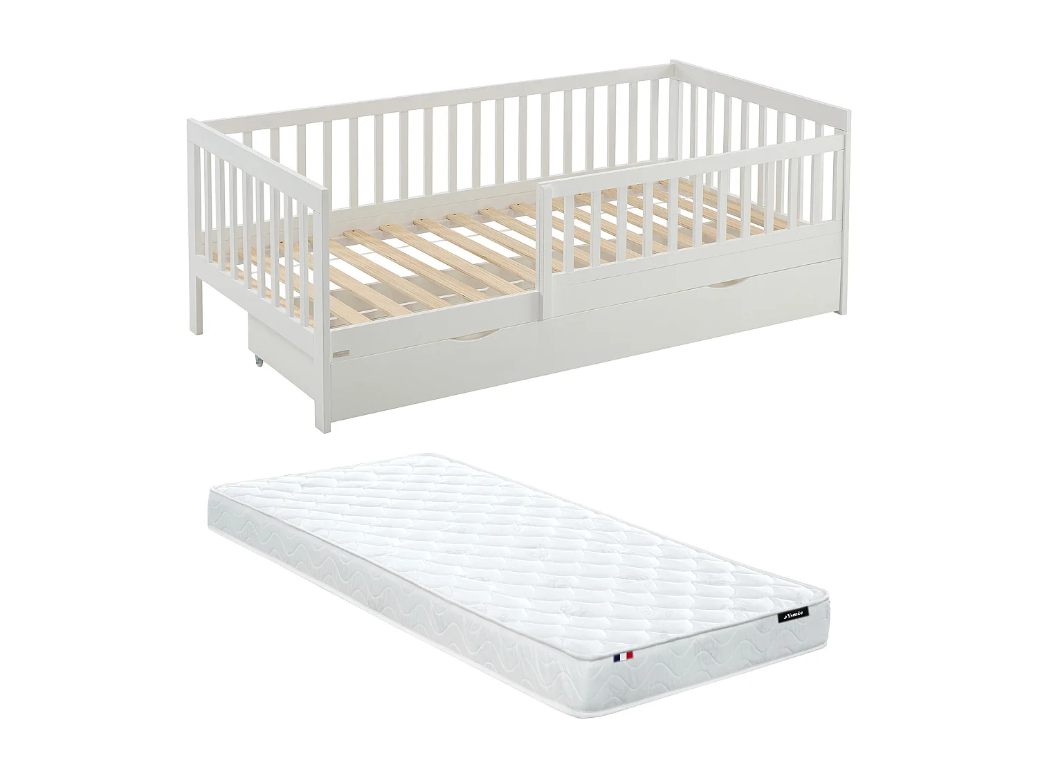 Lit 90 x 190 cm avec tiroir - Pin et MDF - Blanc + Matelas - PROVIATI