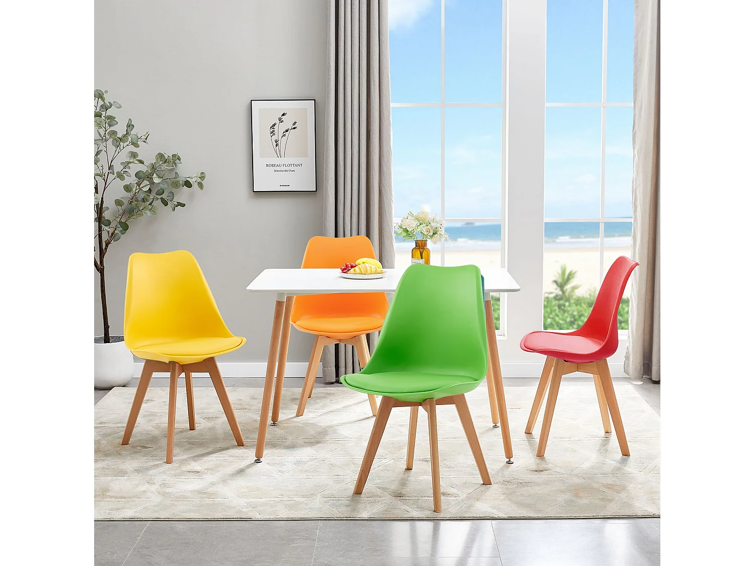 Lot de 4 Chaises de Salle à Manger Style Nordique, Rembourrées Vintage, Pieds en Hêtre Massif, 4 Couleurs