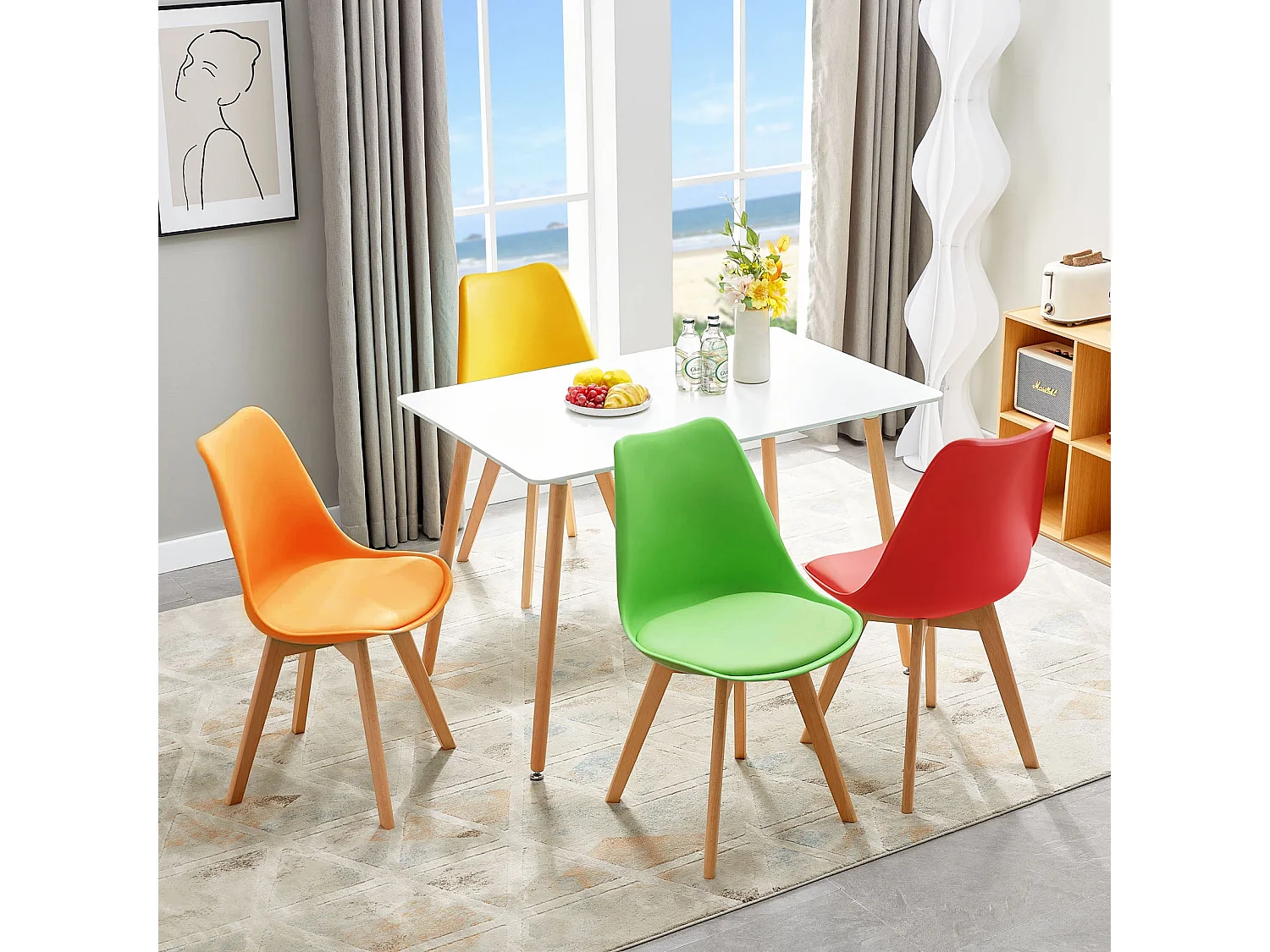 Lot de 4 Chaises de Salle à Manger Style Nordique, Rembourrées Vintage, Pieds en Hêtre Massif, 4 Couleurs