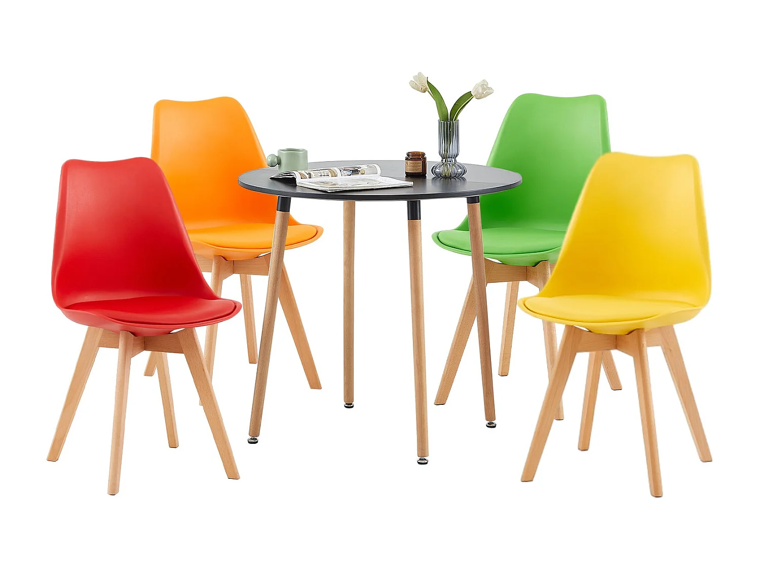 Lot de 4 Chaises de Salle à Manger Style Nordique, Rembourrées Vintage, Pieds en Hêtre Massif, 4 Couleurs