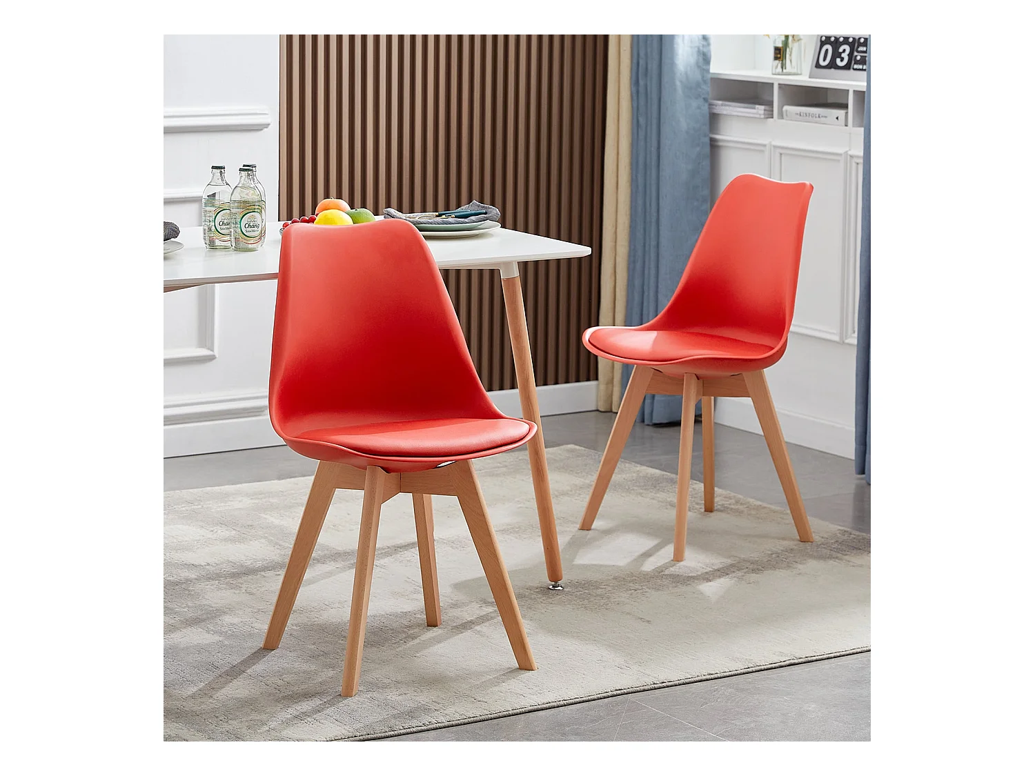 Lot de 4 Chaise de salle à manger, Cuisine Rétro Rembourrée Chaise de Salle de Bureau, Pieds en Bois de Hêtre Massif--Rouge