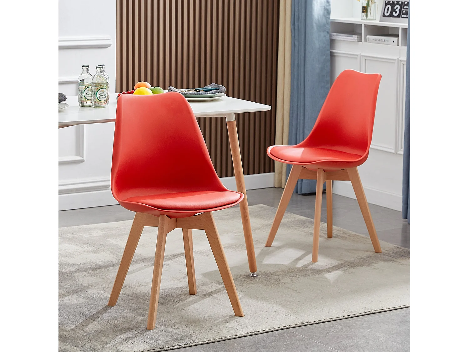 Lot de 4 Chaise de salle à manger, Cuisine Rétro Rembourrée Chaise de Salle de Bureau, Pieds en Bois de Hêtre Massif--Rouge