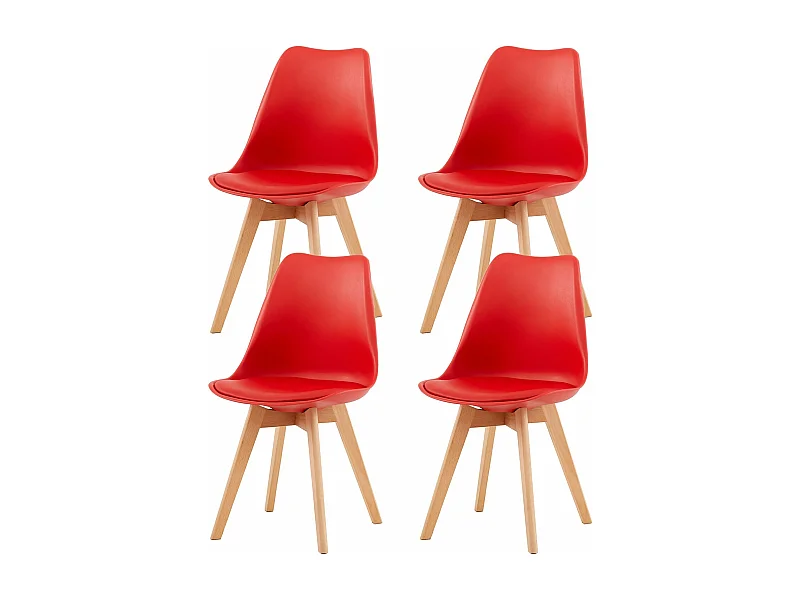 Juego de 4 Sillas de Comedor Retro Acolchadas en Rojo - Estilo Nórdico, Patas de Madera de Haya Maciza