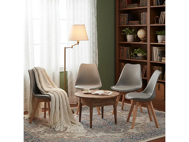 Conjunto de 4 Sillas de diseño escandinavo de plástico con cojines de cuero artificial - Gris