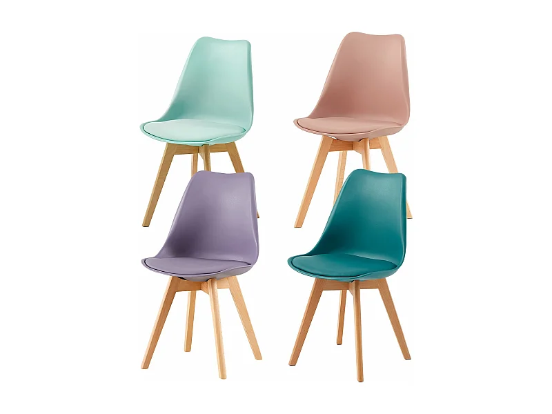 Lot de 4 Chaises Rétro Rembourrées pour Salle à Manger, Cuisine, Bureau, Pieds en Bois de Hêtre Massif - Couleurs Mélangées