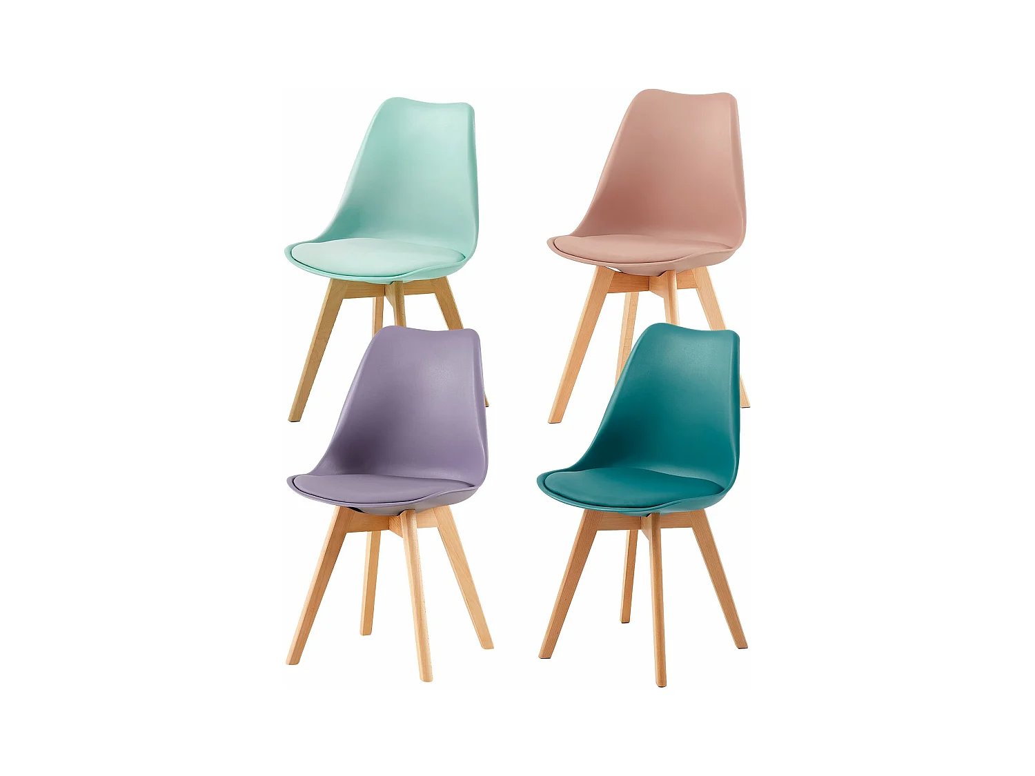 Lot de 4 Chaises Rétro Rembourrées pour Salle à Manger, Cuisine, Bureau, Pieds en Bois de Hêtre Massif - Couleurs Mélangées