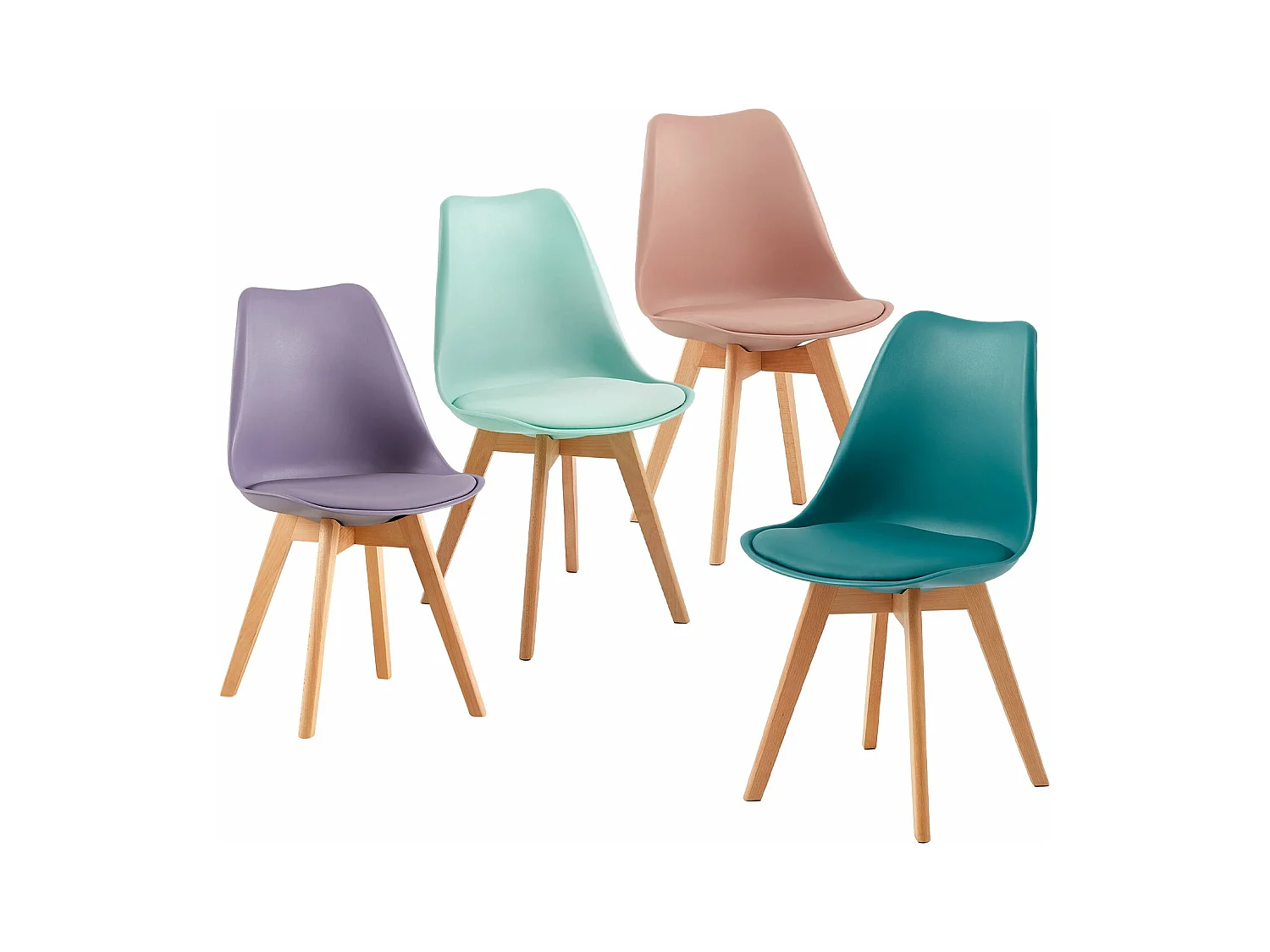 Lot de 4 Chaises Rétro Rembourrées pour Salle à Manger, Cuisine, Bureau, Pieds en Bois de Hêtre Massif - Couleurs Mélangées
