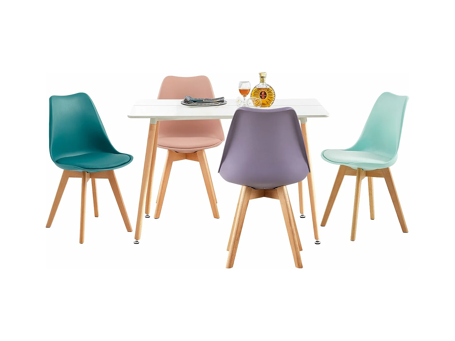 Lot de 4 Chaises Rétro Rembourrées pour Salle à Manger, Cuisine, Bureau, Pieds en Bois de Hêtre Massif - Couleurs Mélangées