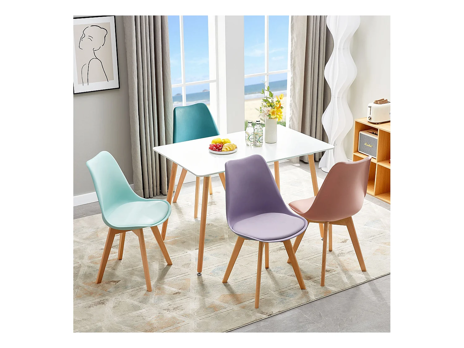 Lot de 4 Chaises Rétro Rembourrées pour Salle à Manger, Cuisine, Bureau, Pieds en Bois de Hêtre Massif - Couleurs Mélangées