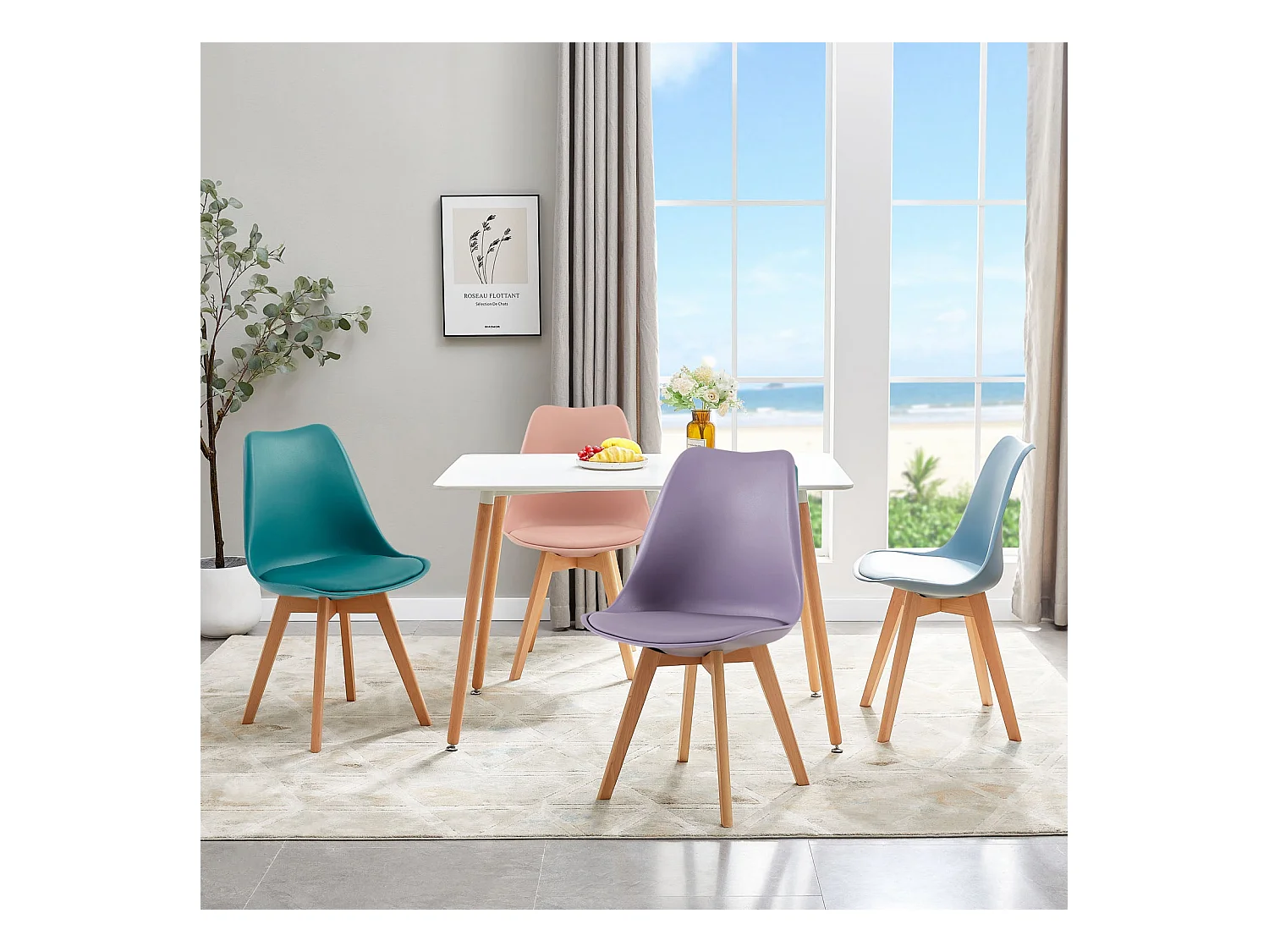 Lot de 4 Chaises Rétro Rembourrées pour Salle à Manger, Cuisine, Bureau, Pieds en Bois de Hêtre Massif - Couleurs Mélangées