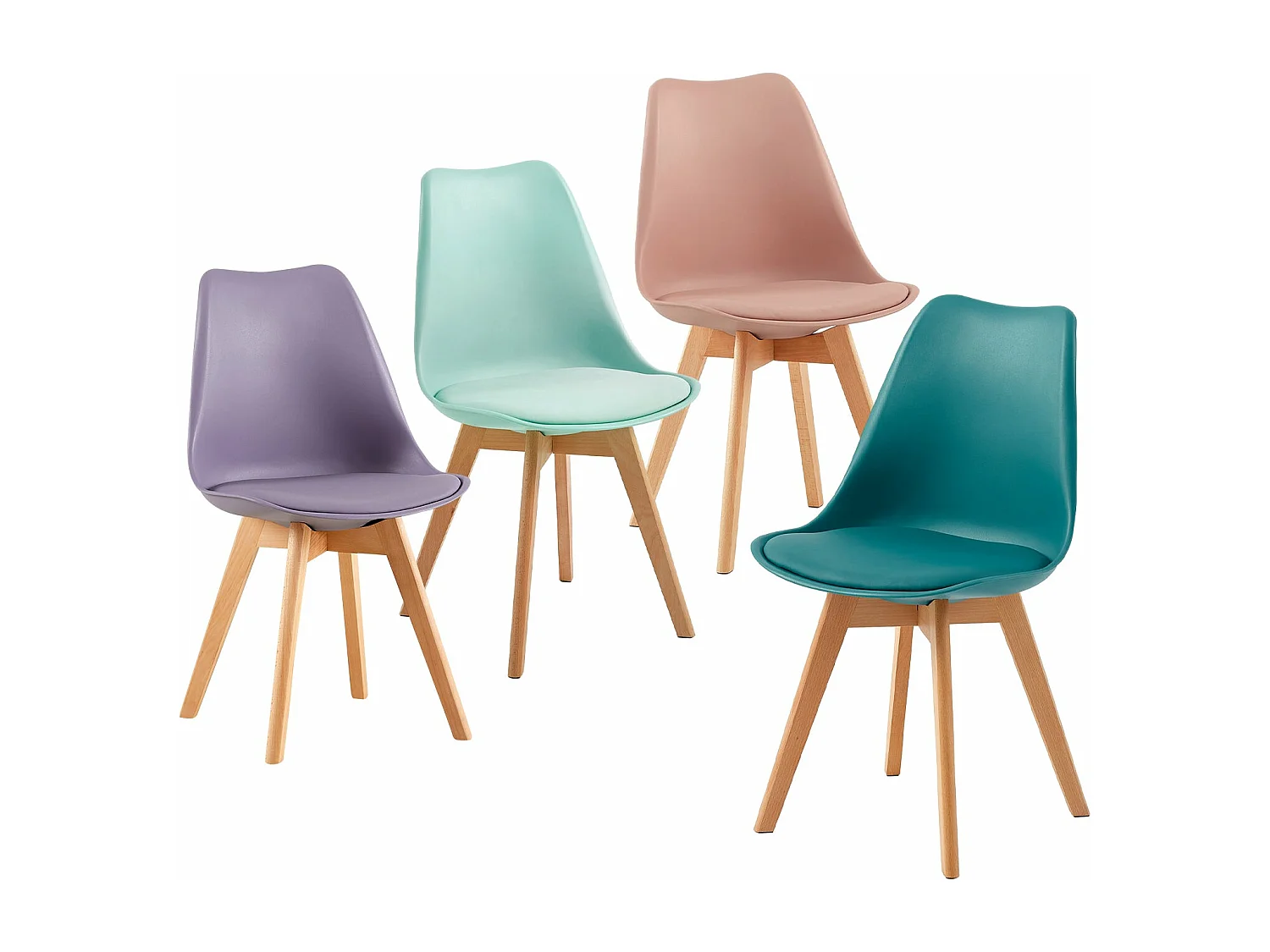 Lot de 4 Chaises Rétro Rembourrées pour Salle à Manger, Cuisine, Bureau, Pieds en Bois de Hêtre Massif - Couleurs Mélangées