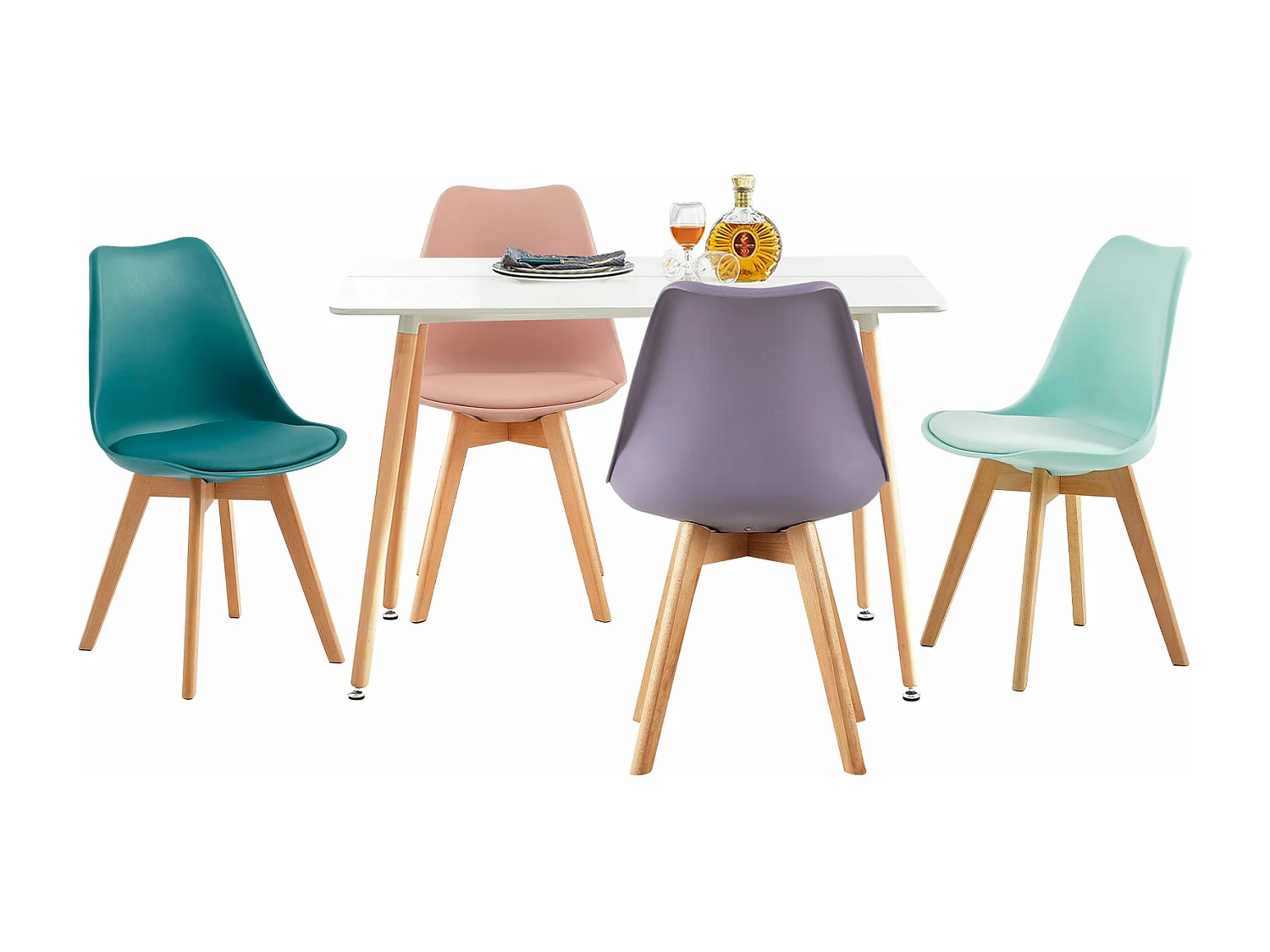 Lot de 4 Chaises Rétro Rembourrées pour Salle à Manger, Cuisine, Bureau, Pieds en Bois de Hêtre Massif - Couleurs Mélangées