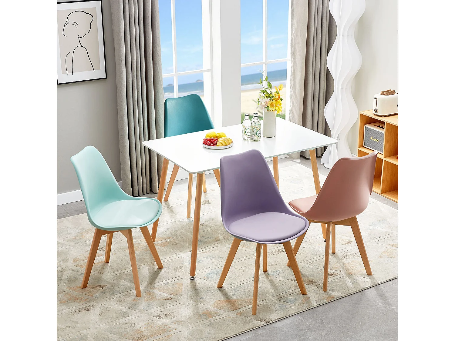 Lot de 4 Chaises Rétro Rembourrées pour Salle à Manger, Cuisine, Bureau, Pieds en Bois de Hêtre Massif - Couleurs Mélangées