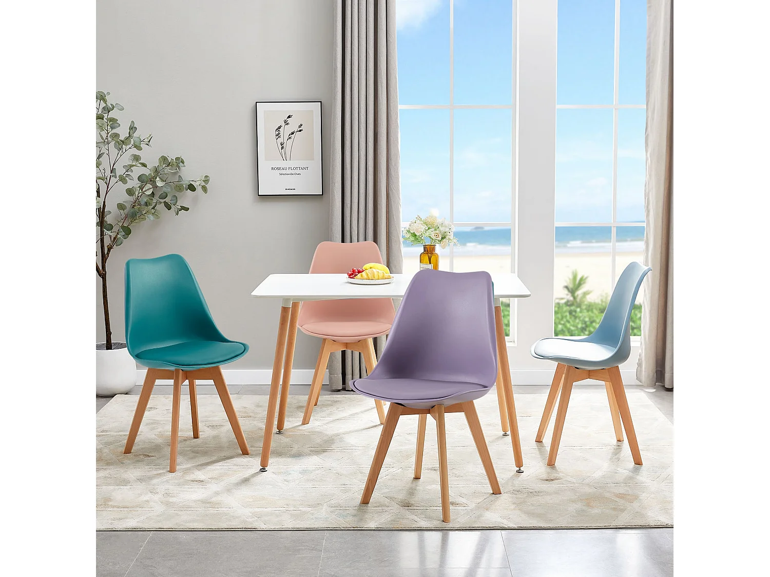 Lot de 4 Chaises Rétro Rembourrées pour Salle à Manger, Cuisine, Bureau, Pieds en Bois de Hêtre Massif - Couleurs Mélangées